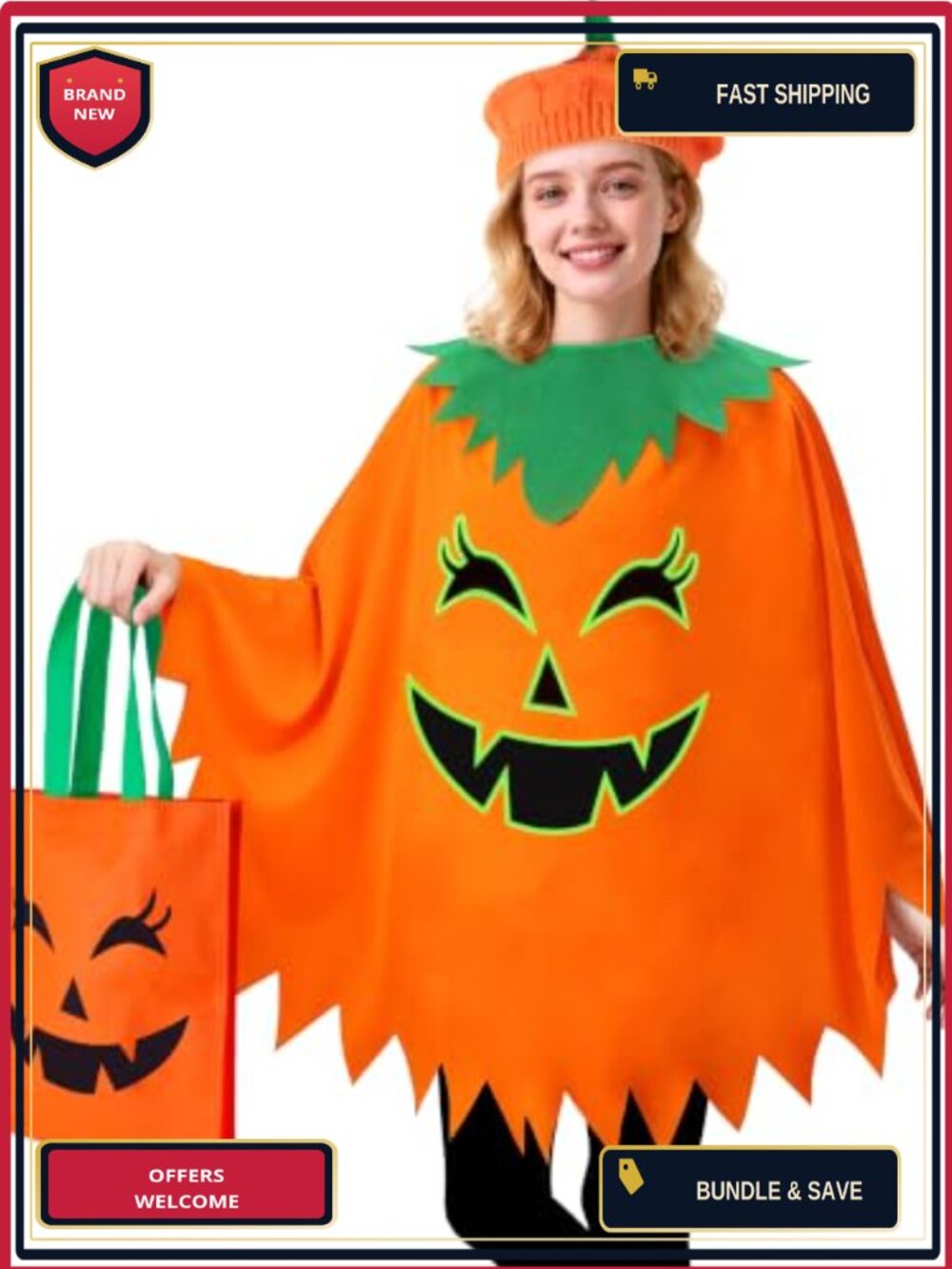 Glow in the Dark Pumpkin Poncho Costume Adult One Size Knit Hat Bag Set